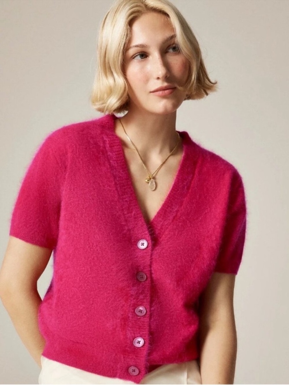 J. Crew Brushed Cashmere Cardigan Sweater Short Sleeve Crimson Rouge